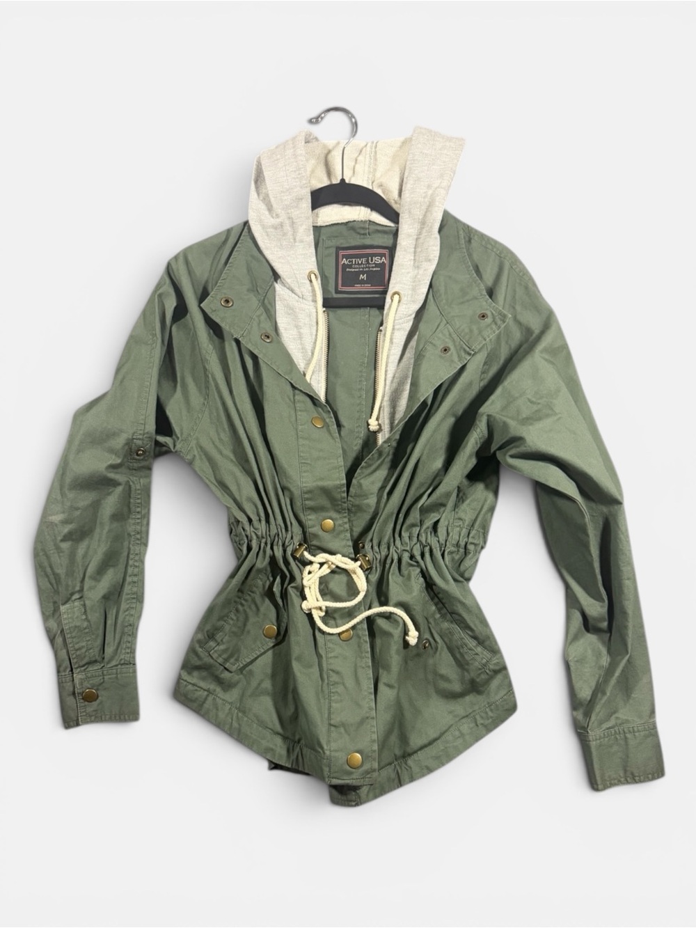 Active USA Olive Green Utility Jacket with Hood and Drawstring - Picture 2 of 7